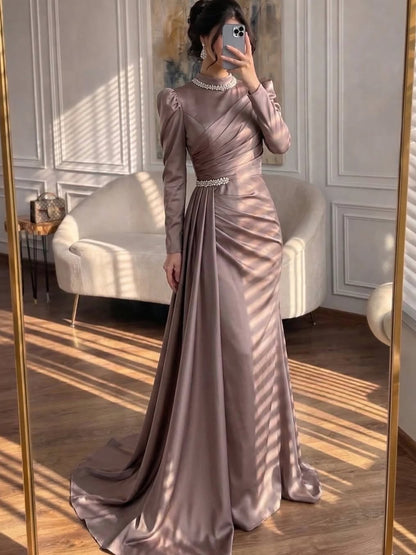 Luxury Muslim Green Satin Crystal Beaded Mermaid Evening Dress LA73667 - SERENE  HILL