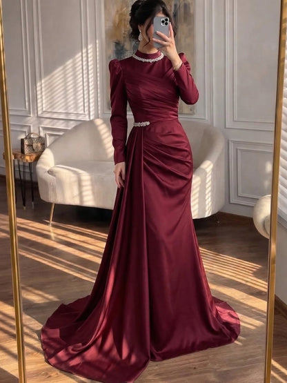 Luxury Muslim Green Satin Crystal Beaded Mermaid Evening Dress LA73667 - SERENE  HILL