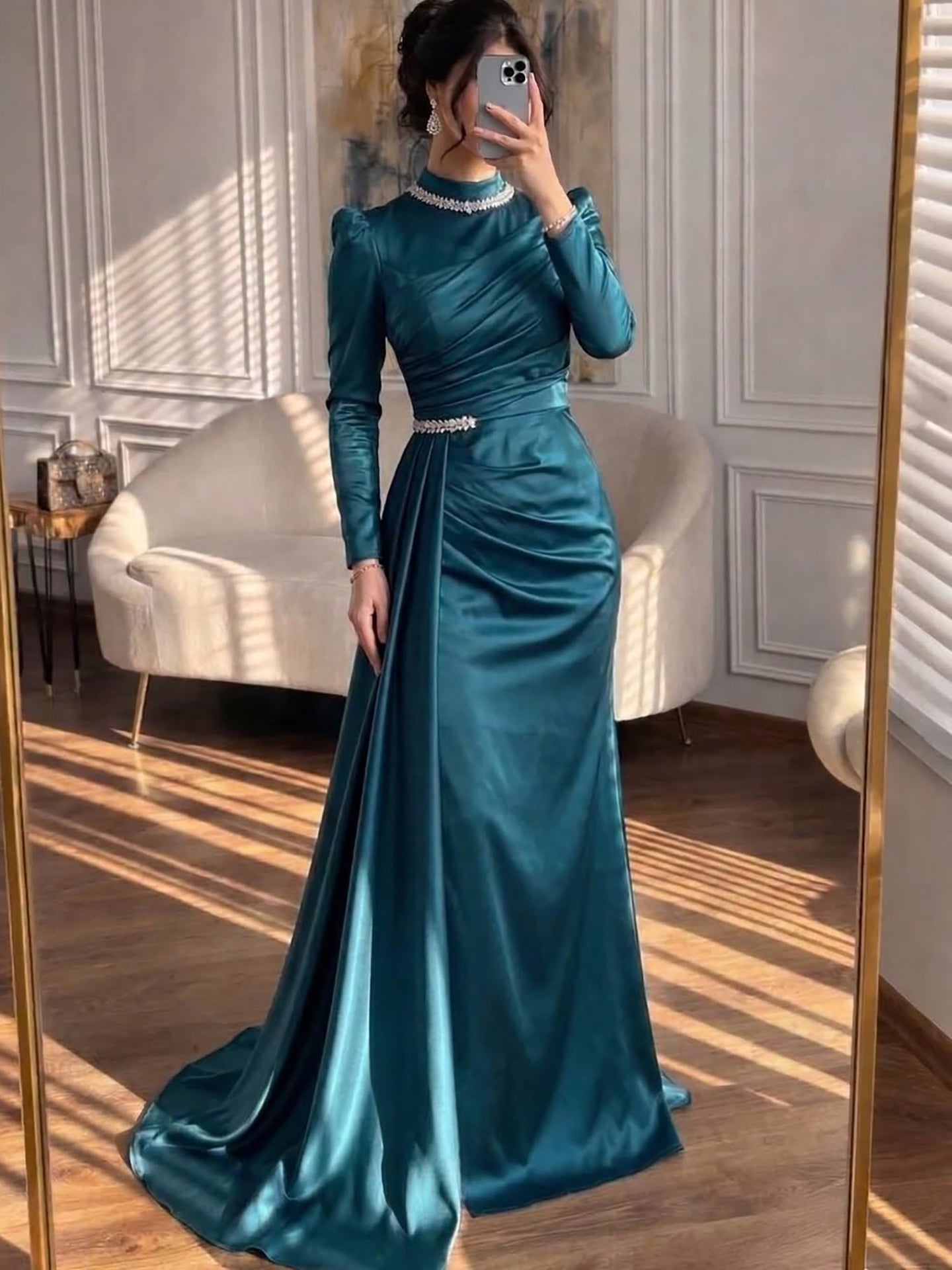 Luxury Muslim Green Satin Crystal Beaded Mermaid Evening Dress LA73667 - SERENE  HILL