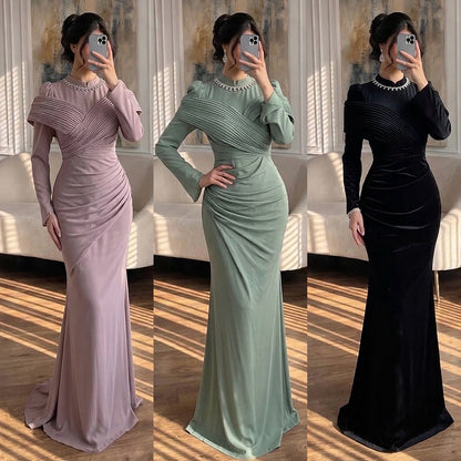 Luxury Wine Red Crystal Mermaid Ruched Long Sleeve Evening Dress LA73678