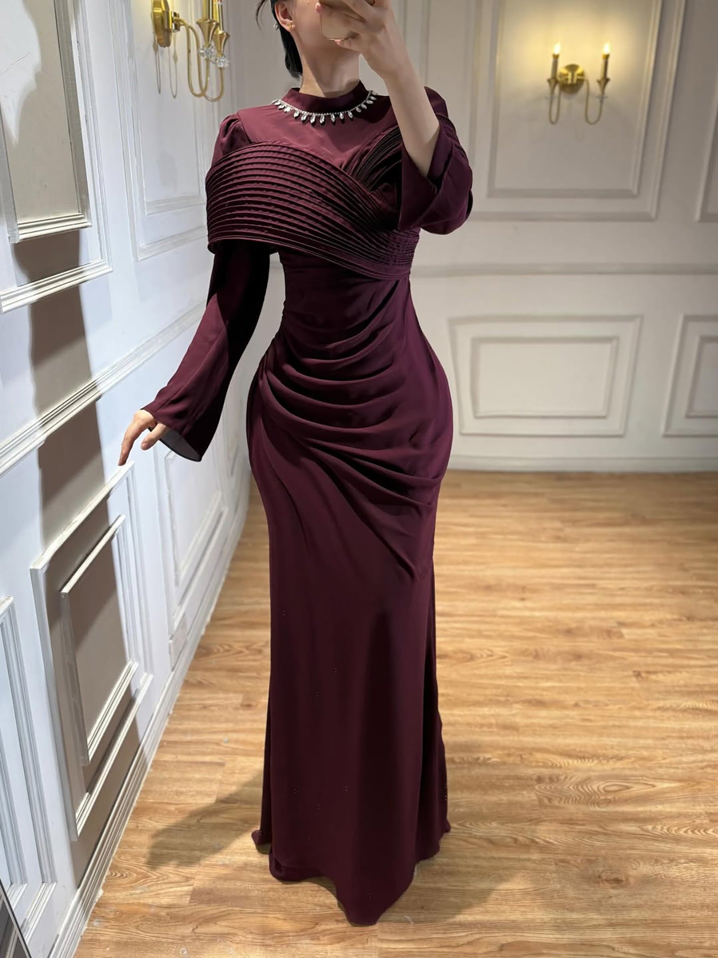 Luxury Wine Red Crystal Mermaid Ruched Long Sleeve Evening Dress LA73768 - SERENE  HILL