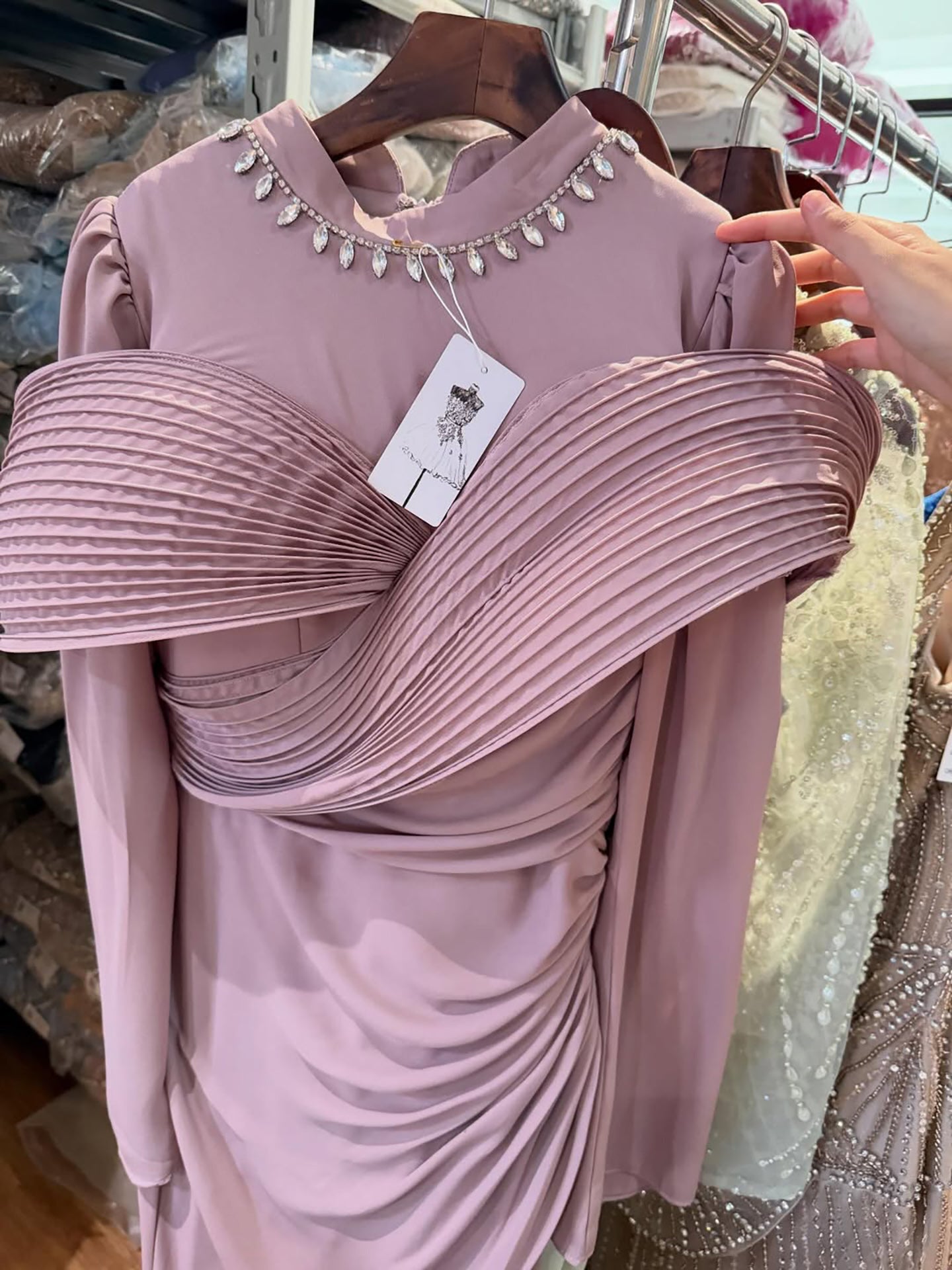 Luxury Wine Red Crystal Mermaid Ruched Long Sleeve Evening Dress LA73678