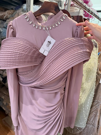 Luxury Wine Red Crystal Mermaid Ruched Long Sleeve Evening Dress LA73678