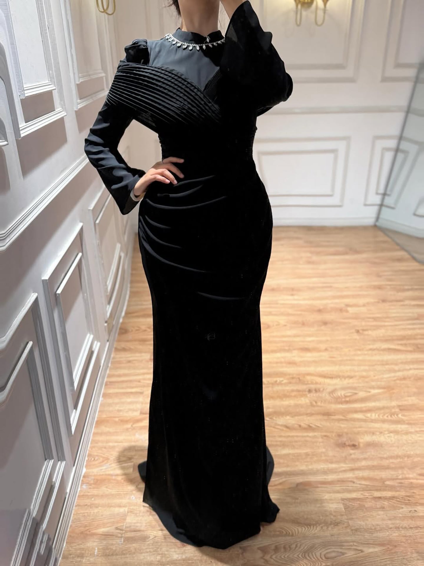 Luxury Wine Red Crystal Mermaid Ruched Long Sleeve Evening Dress LA73678