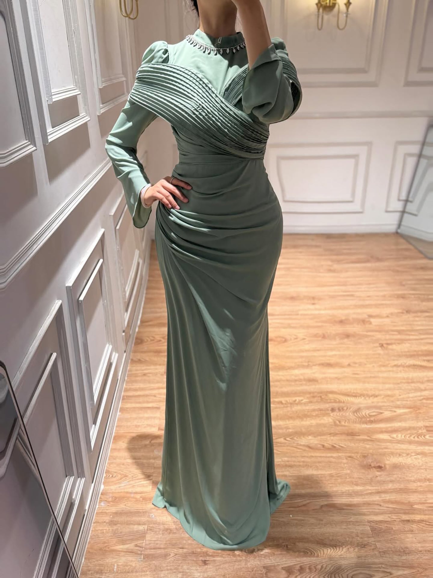 Luxury Wine Red Crystal Mermaid Ruched Long Sleeve Evening Dress LA73678