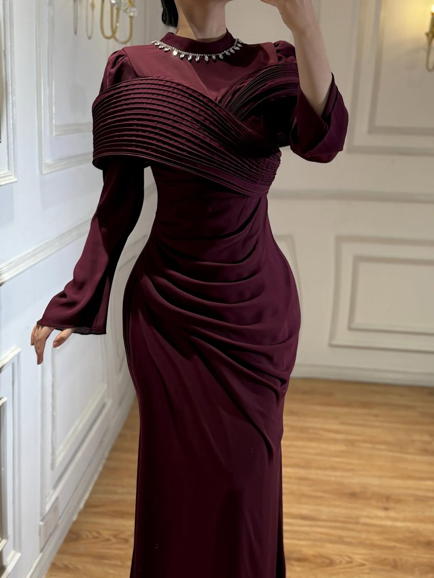 Luxury Wine Red Crystal Mermaid Ruched Long Sleeve Evening Dress LA73768 - SERENE  HILL