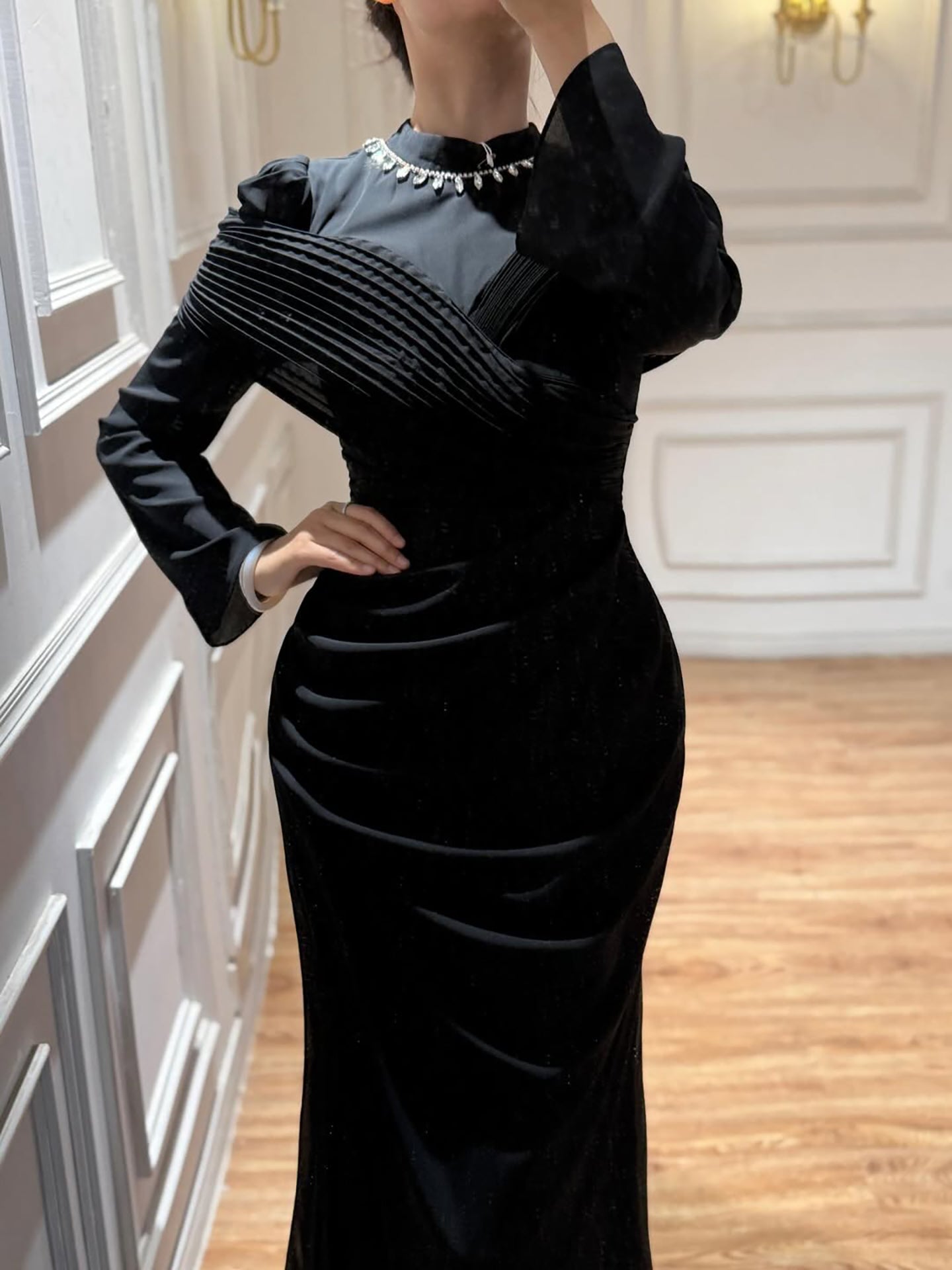 Luxury Wine Red Crystal Mermaid Ruched Long Sleeve Evening Dress LA73678