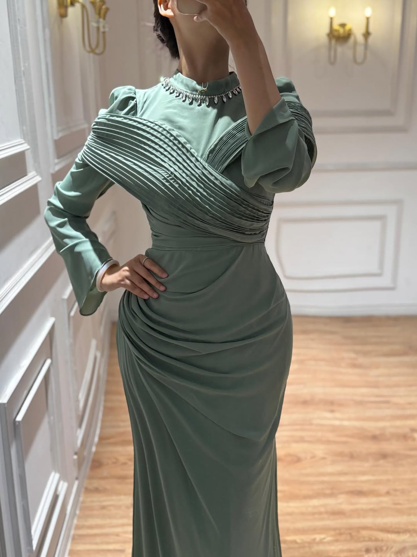 Luxury Wine Red Crystal Mermaid Ruched Long Sleeve Evening Dress LA73678
