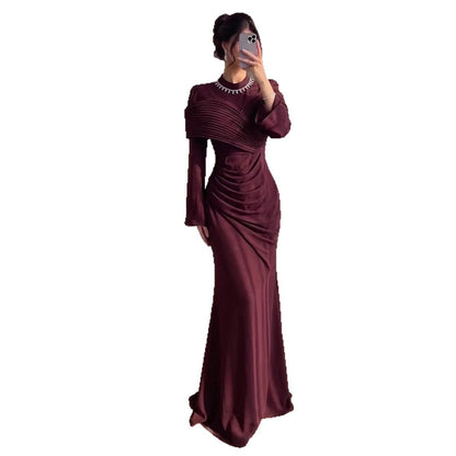 Luxury Wine Red Crystal Mermaid Ruched Long Sleeve Evening Dress LA73768 - SERENE  HILL