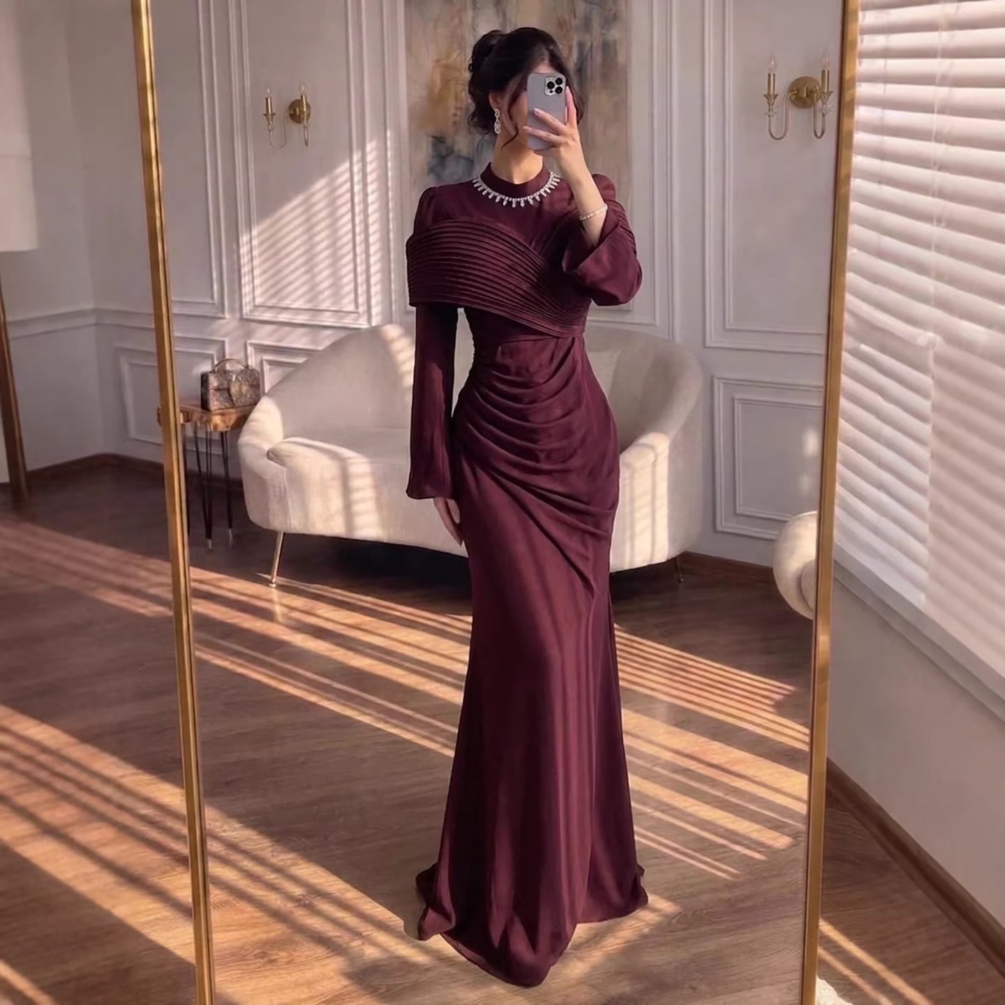 Luxury Wine Red Crystal Mermaid Ruched Long Sleeve Evening Dress LA73768 - SERENE  HILL