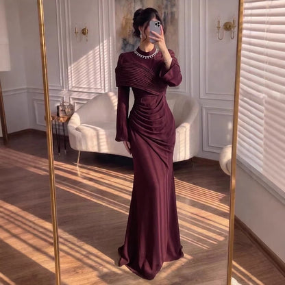 Luxury Wine Red Crystal Mermaid Ruched Long Sleeve Evening Dress LA73768 - SERENE  HILL