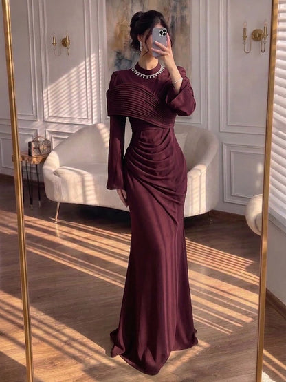 Luxury Wine Red Crystal Mermaid Ruched Long Sleeve Evening Dress LA73768 - SERENE  HILL