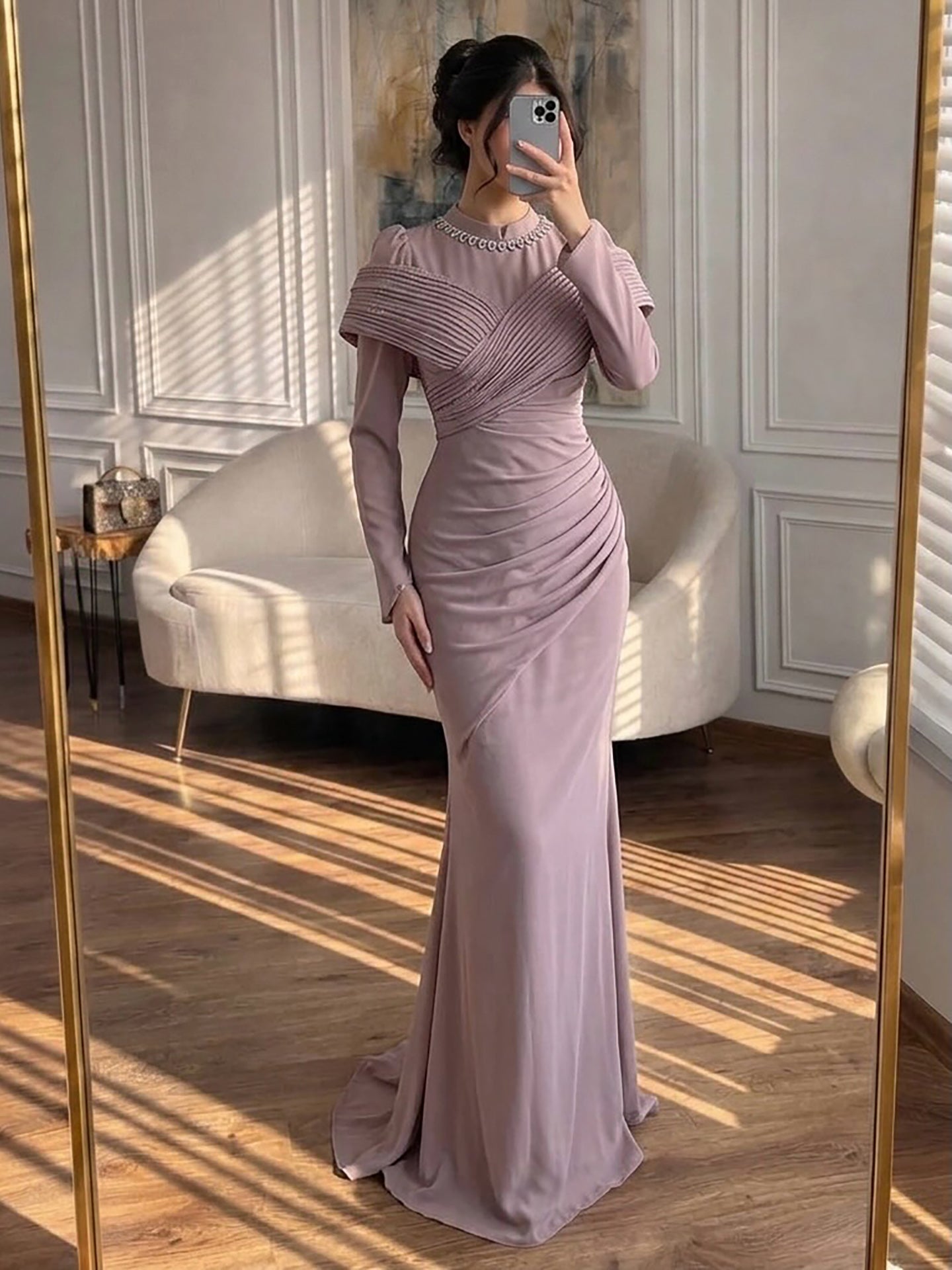 Luxury Wine Red Crystal Mermaid Ruched Long Sleeve Evening Dress LA73678