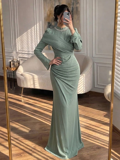 Luxury Wine Red Crystal Mermaid Ruched Long Sleeve Evening Dress LA73678