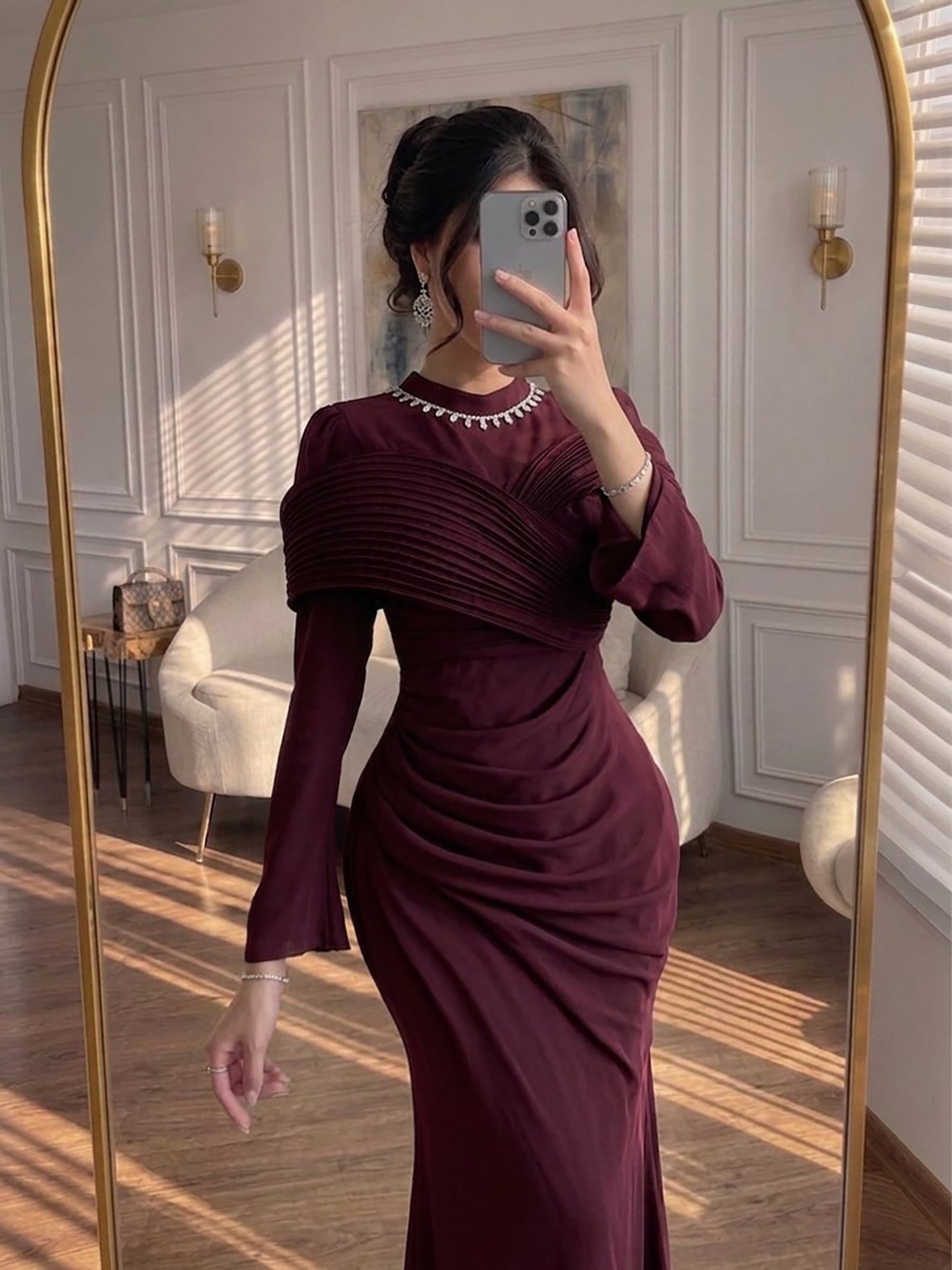 Luxury Wine Red Crystal Mermaid Ruched Long Sleeve Evening Dress LA73768 - SERENE  HILL