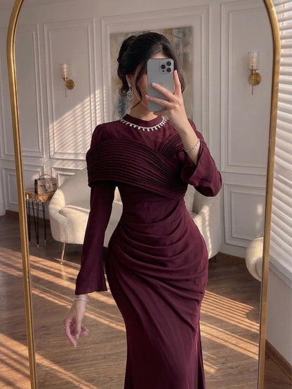 Luxury Wine Red Crystal Mermaid Ruched Long Sleeve Evening Dress LA73768 - SERENE  HILL