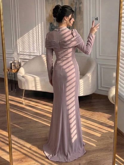 Luxury Wine Red Crystal Mermaid Ruched Long Sleeve Evening Dress LA73678