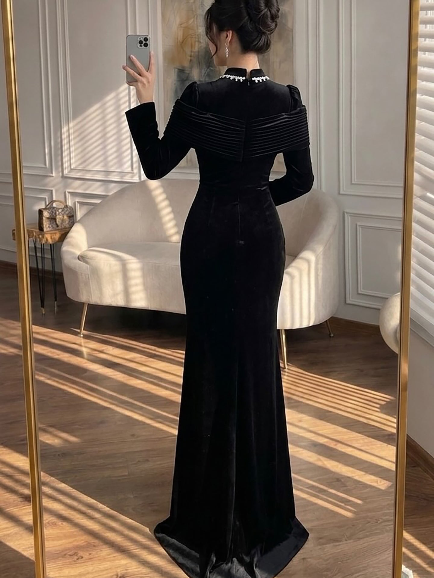 Luxury Wine Red Crystal Mermaid Ruched Long Sleeve Evening Dress LA73678