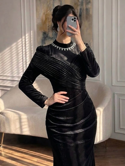 Luxury Wine Red Crystal Mermaid Ruched Long Sleeve Evening Dress LA73678
