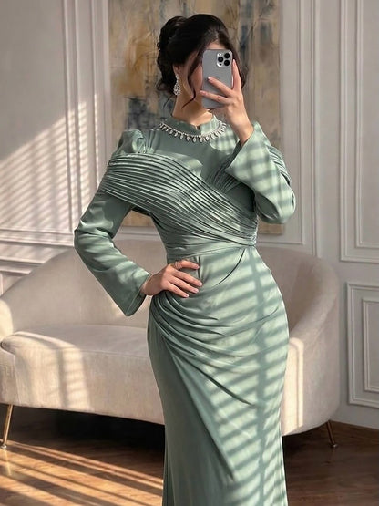 Luxury Wine Red Crystal Mermaid Ruched Long Sleeve Evening Dress LA73678