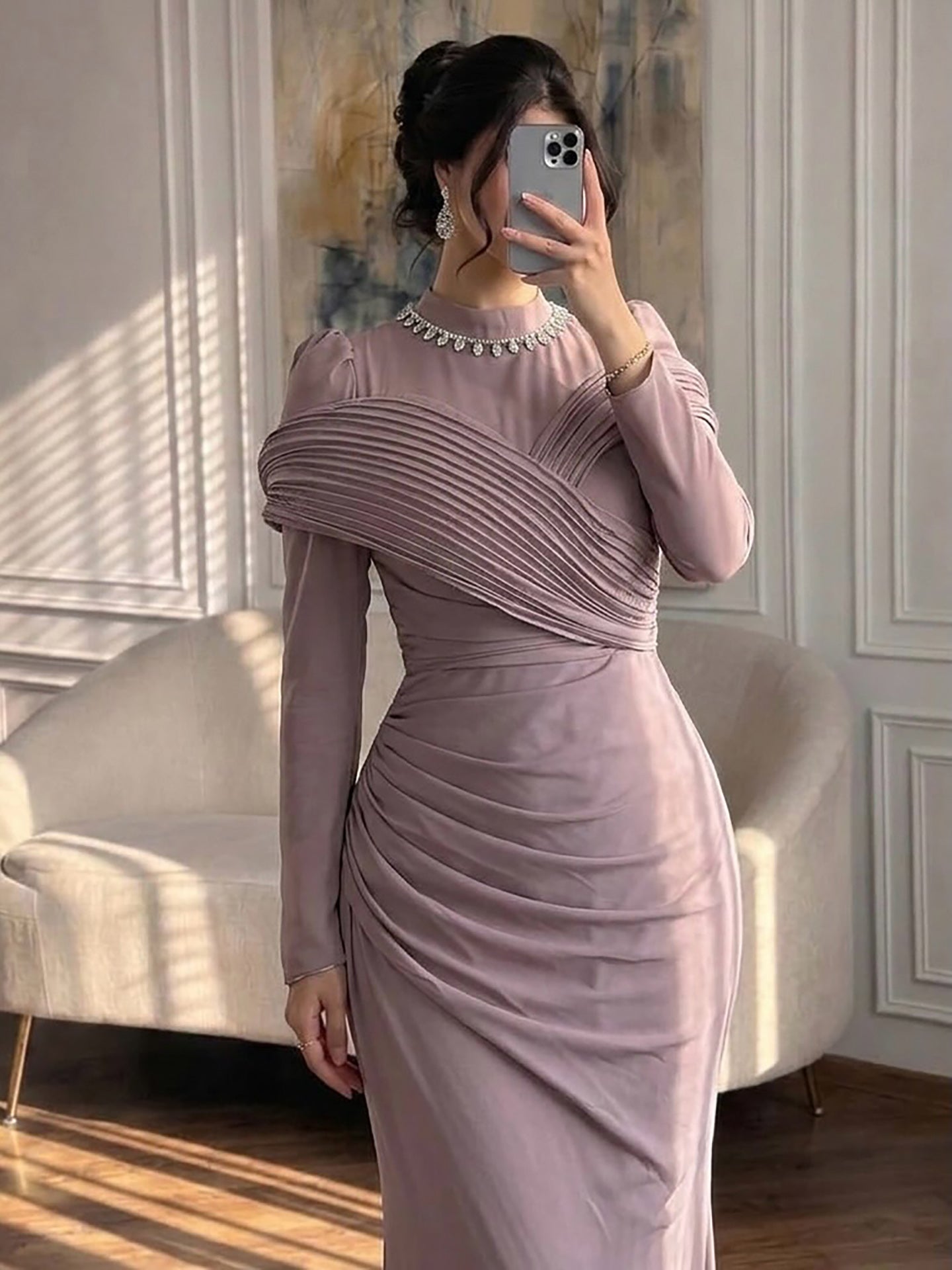 Luxury Wine Red Crystal Mermaid Ruched Long Sleeve Evening Dress LA73678