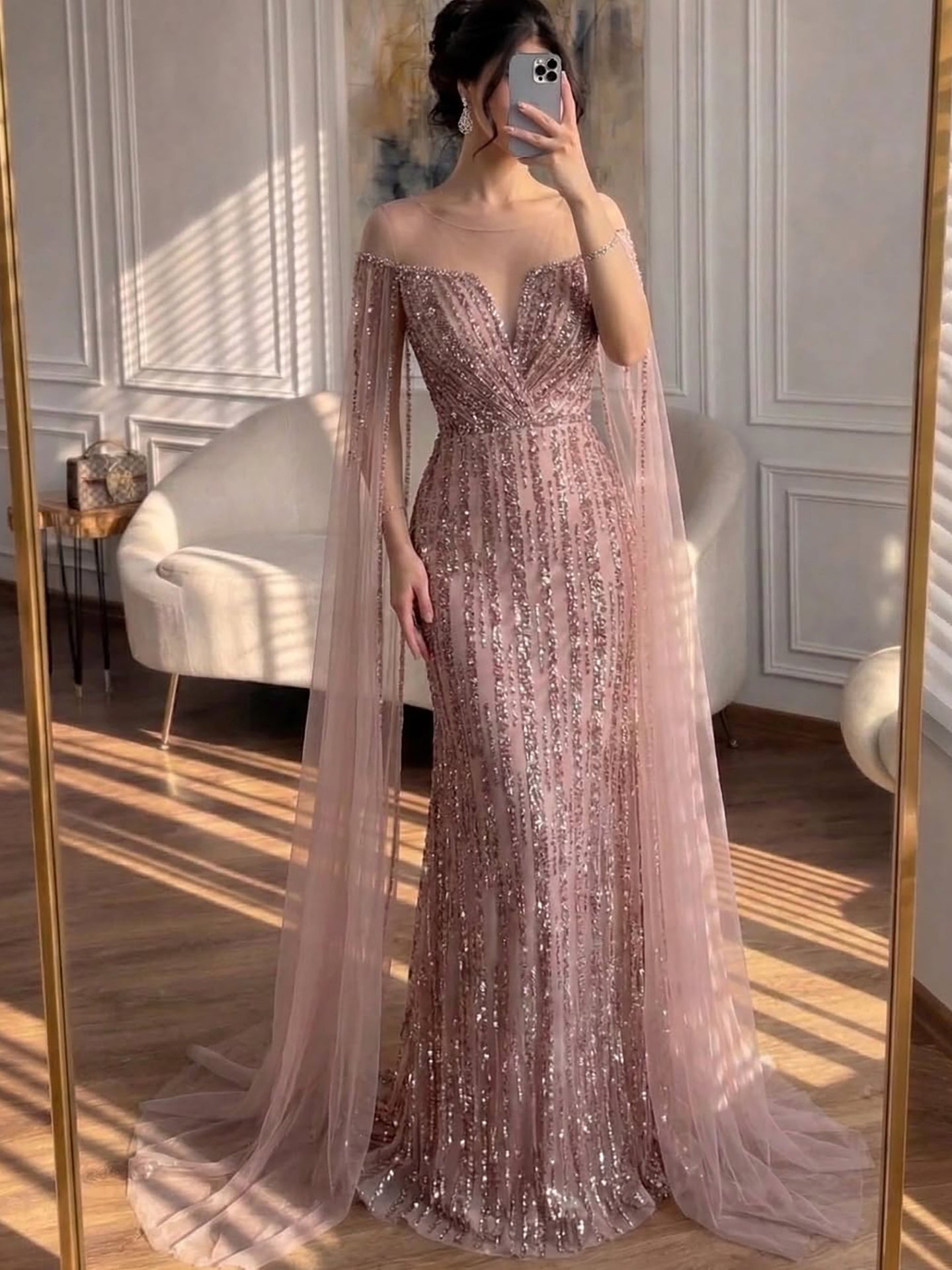 Luxury Gold Beaded Mermaid Evening Dress with Cape Sleeves LA73679 - SERENE  HILL