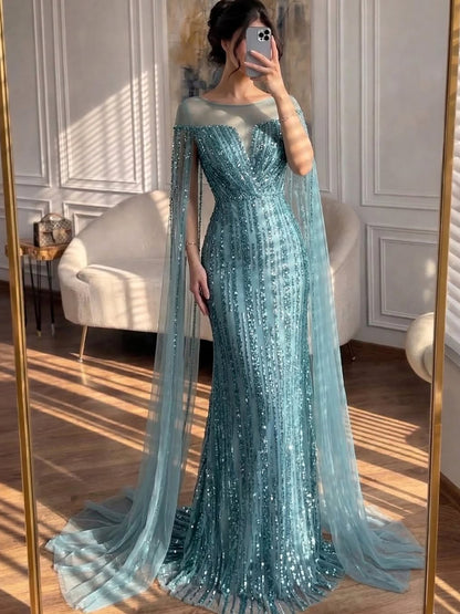 Luxury Gold Beaded Mermaid Evening Dress with Cape Sleeves LA73679 - SERENE  HILL