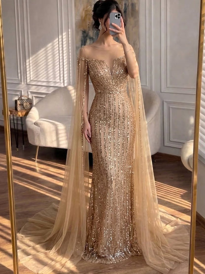 Luxury Gold Beaded Mermaid Evening Dress with Cape Sleeves LA73679 - SERENE  HILL