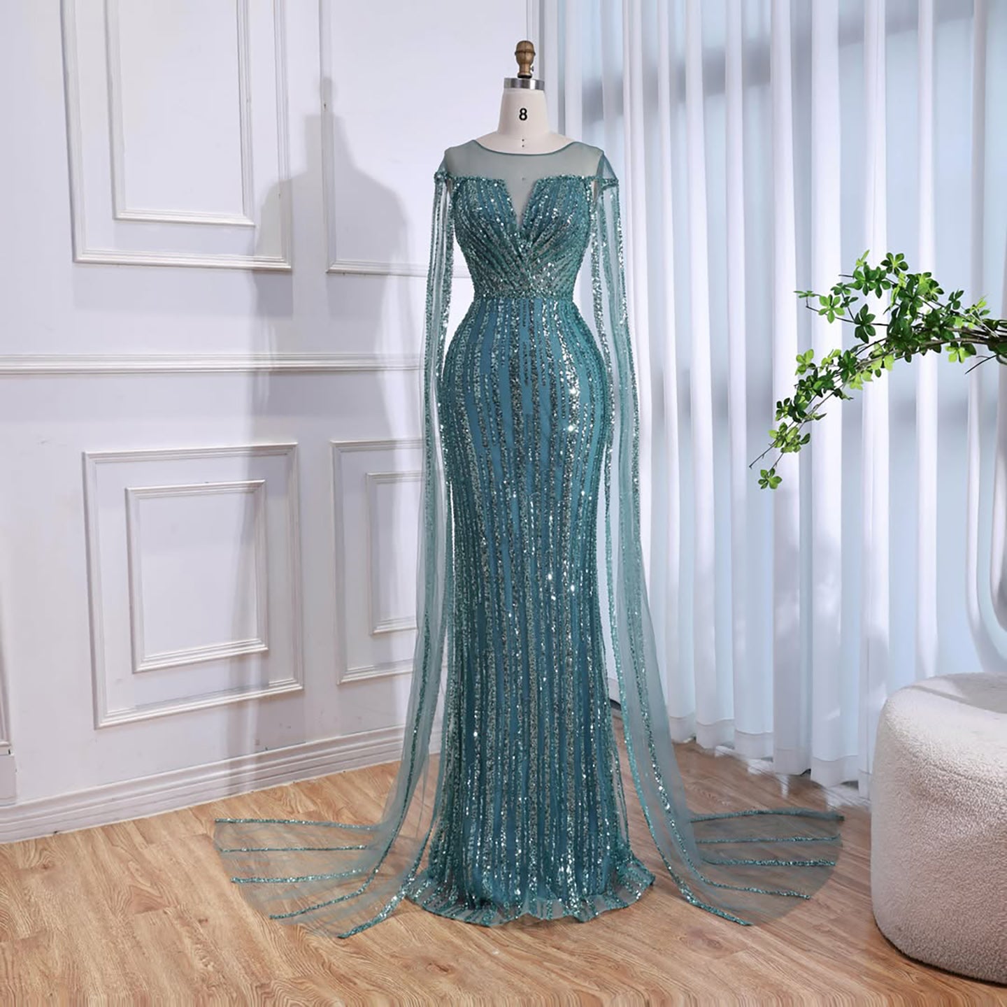 Luxury Gold Beaded Mermaid Evening Dress with Cape Sleeves LA73679 SERENE HILL