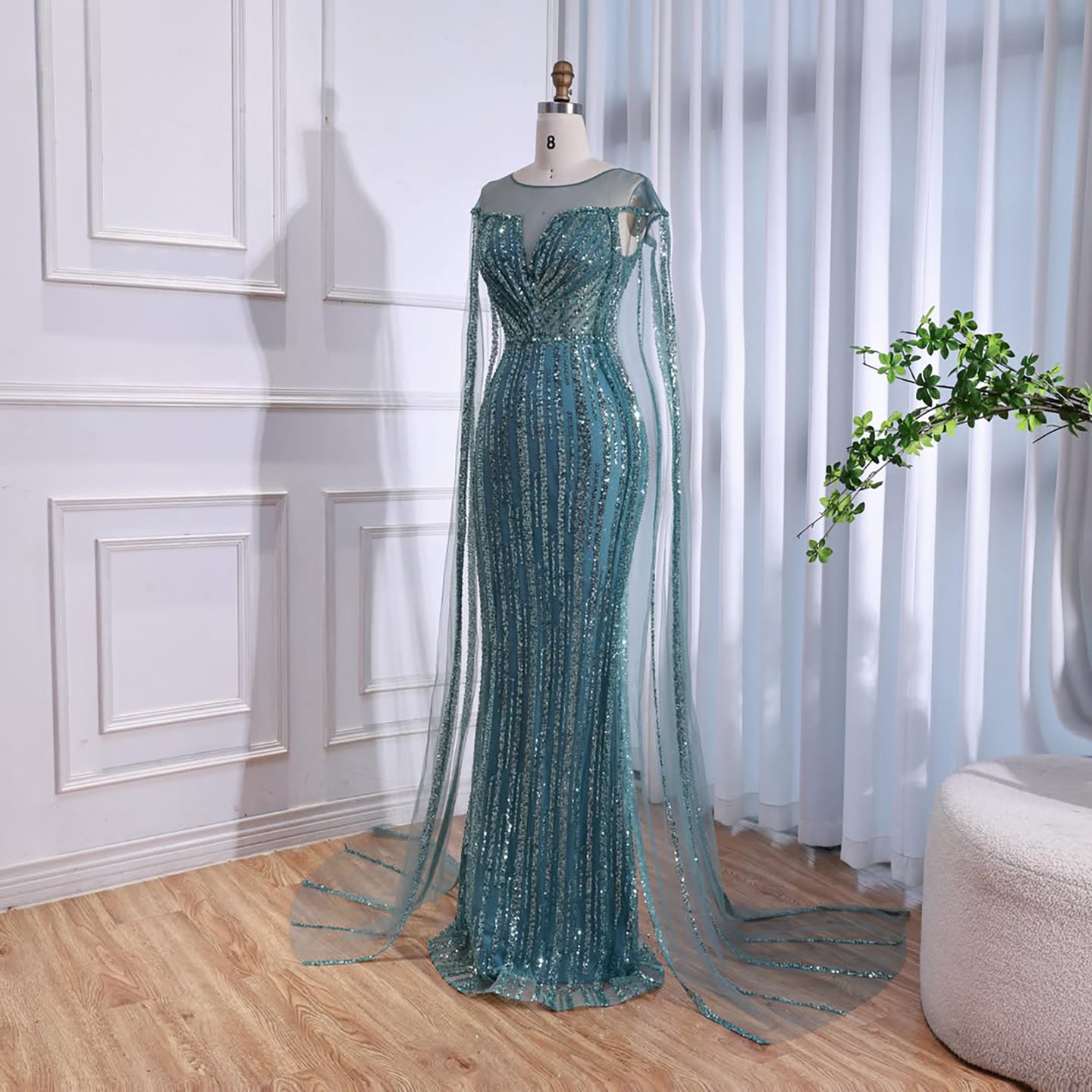 Luxury Gold Beaded Mermaid Evening Dress with Cape Sleeves LA73679 SERENE HILL
