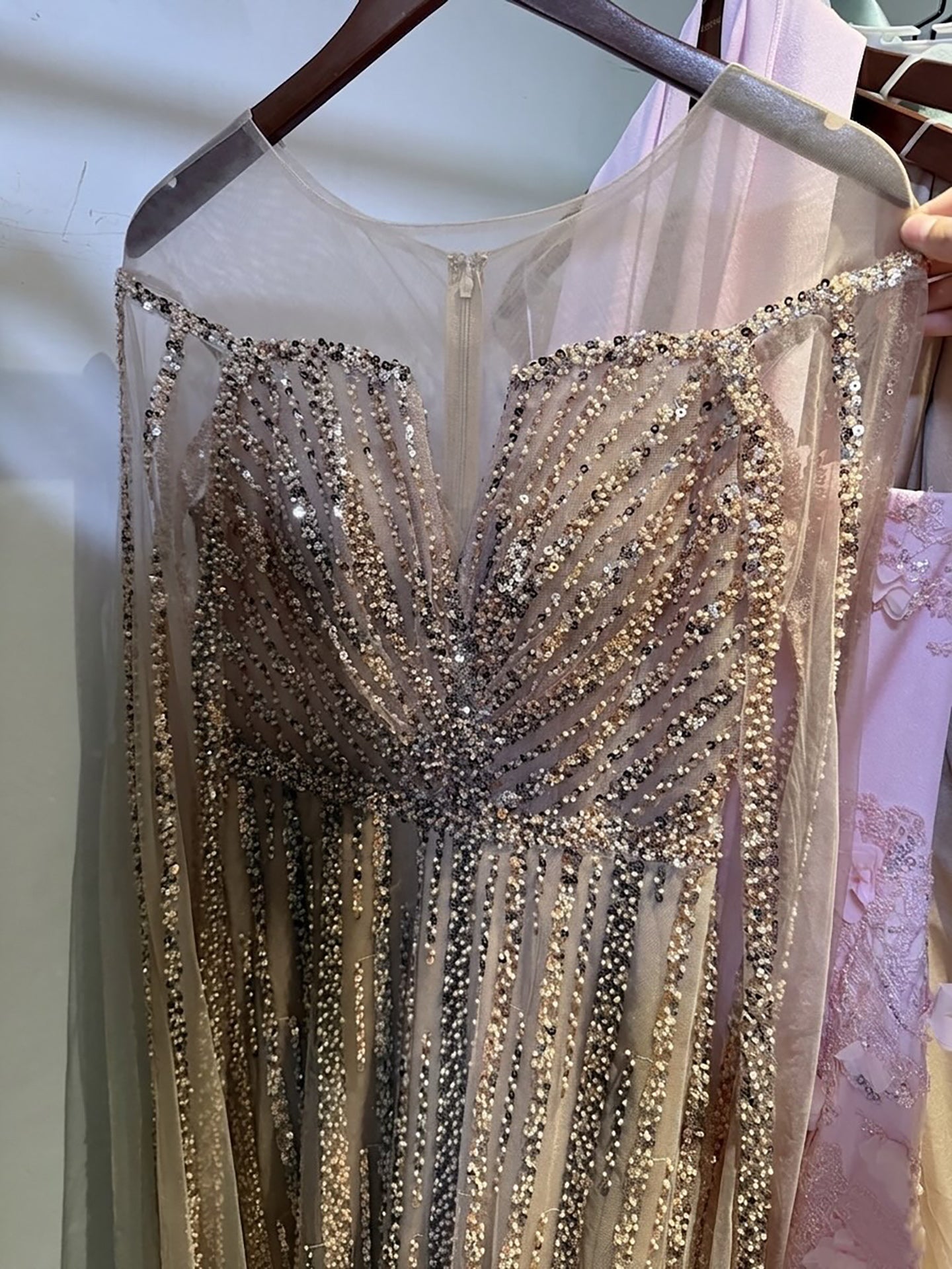 Luxury Gold Beaded Mermaid Evening Dress with Cape Sleeves LA73679