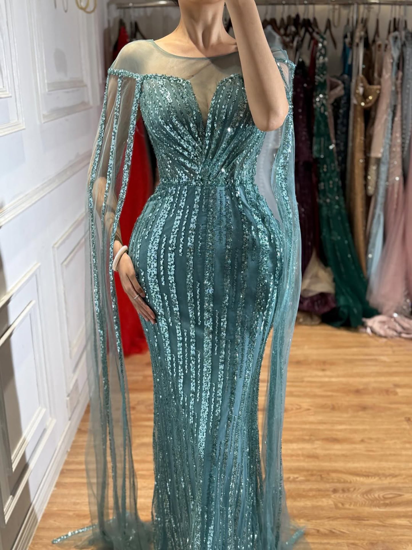 Luxury Gold Beaded Mermaid Evening Dress with Cape Sleeves LA73679