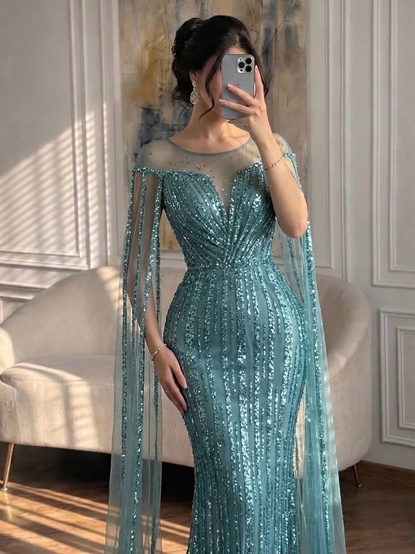 Luxury Gold Beaded Mermaid Evening Dress with Cape Sleeves LA73679