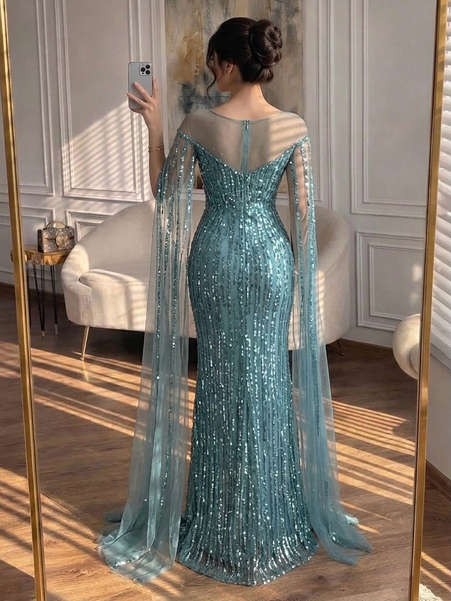 Luxury Gold Beaded Mermaid Evening Dress with Cape Sleeves LA73679