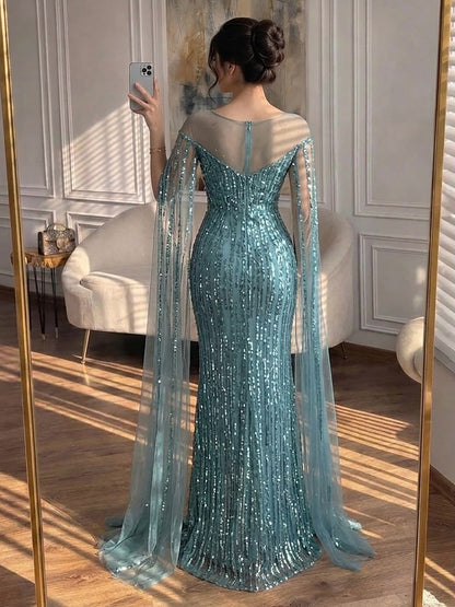 Luxury Gold Beaded Mermaid Evening Dress with Cape Sleeves LA73679