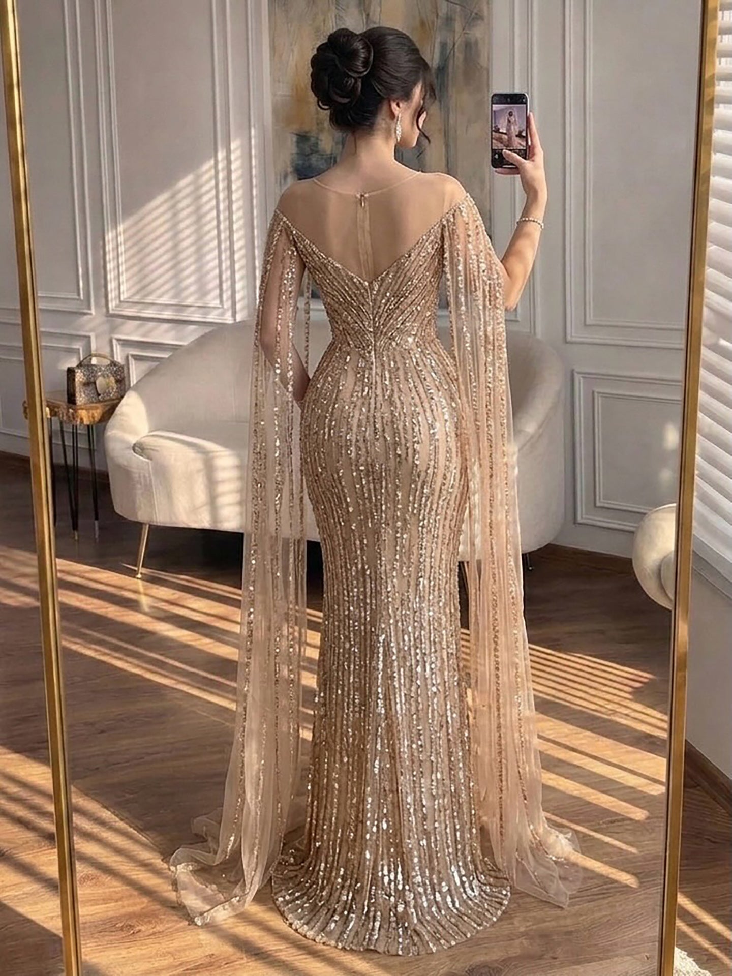 Luxury Gold Beaded Mermaid Evening Dress with Cape Sleeves LA73679