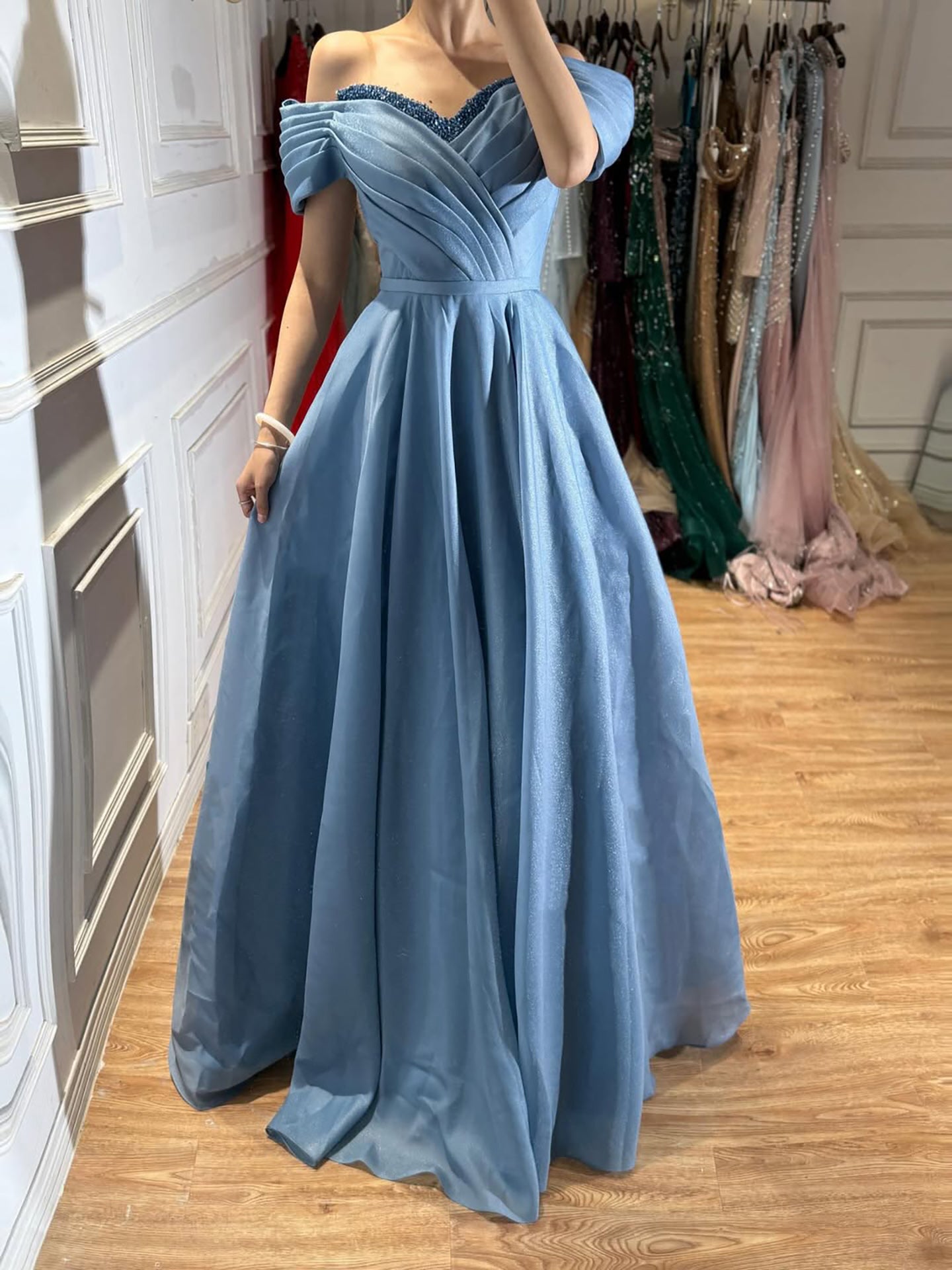 Luxury Pink Off Shoulder A-Line Evening Dress Ruched LA73681