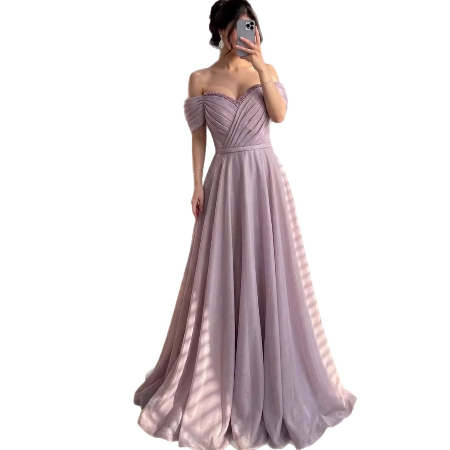 Luxury Pink Off Shoulder A-Line Evening Dress Ruched LA73681 - SERENE  HILL