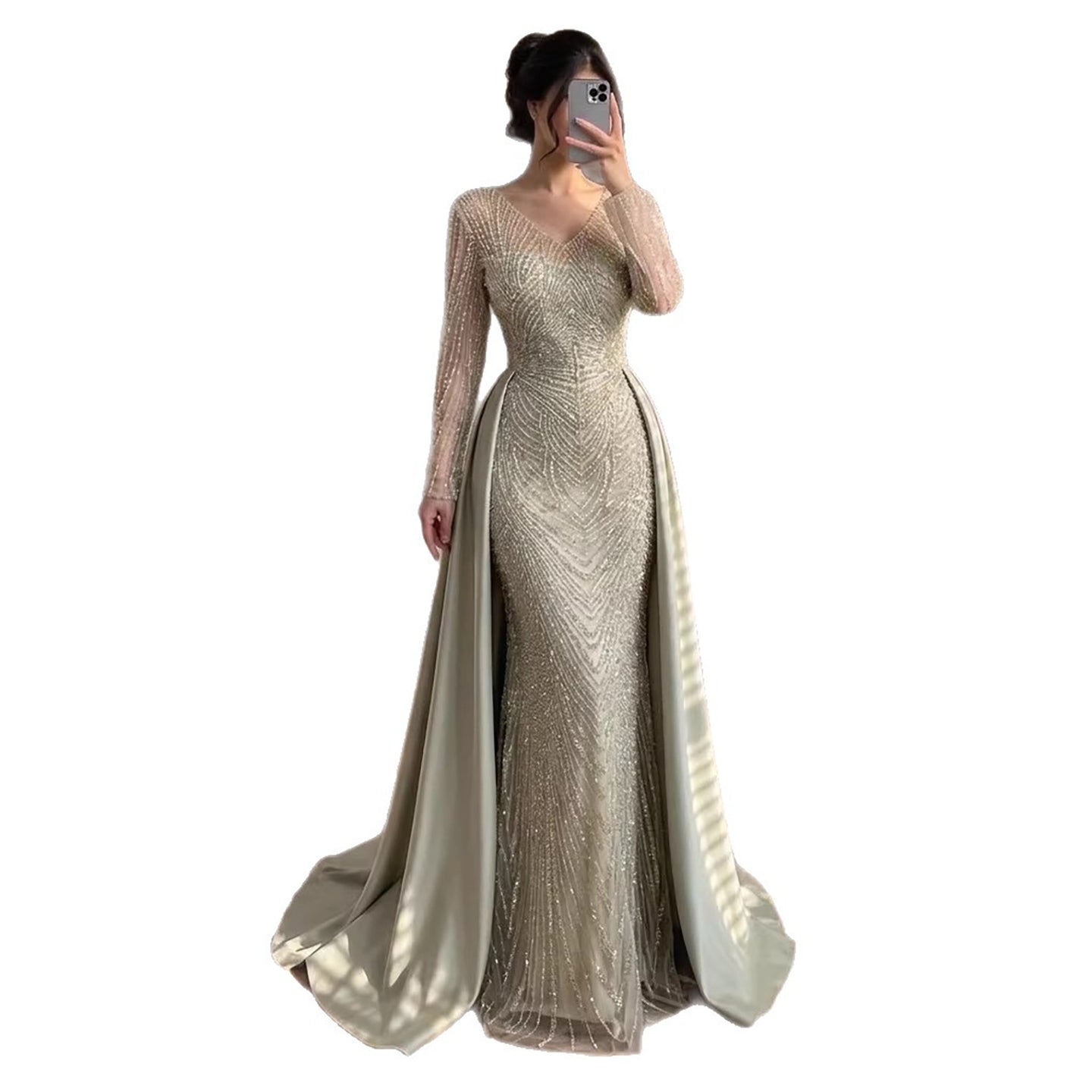 Luxury Sage Green Beaded Long Sleeve Overskirt Mermaid Dress LA73682 SERENE HILL