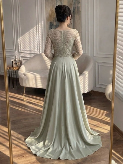 Luxury Sage Green Beaded Long Sleeve Overskirt Mermaid Dress LA73682 SERENE HILL