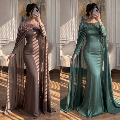 Luxury Green Beaded Cape Long Sleeve Satin Mermaid Dress LA73683 SERENE HILL