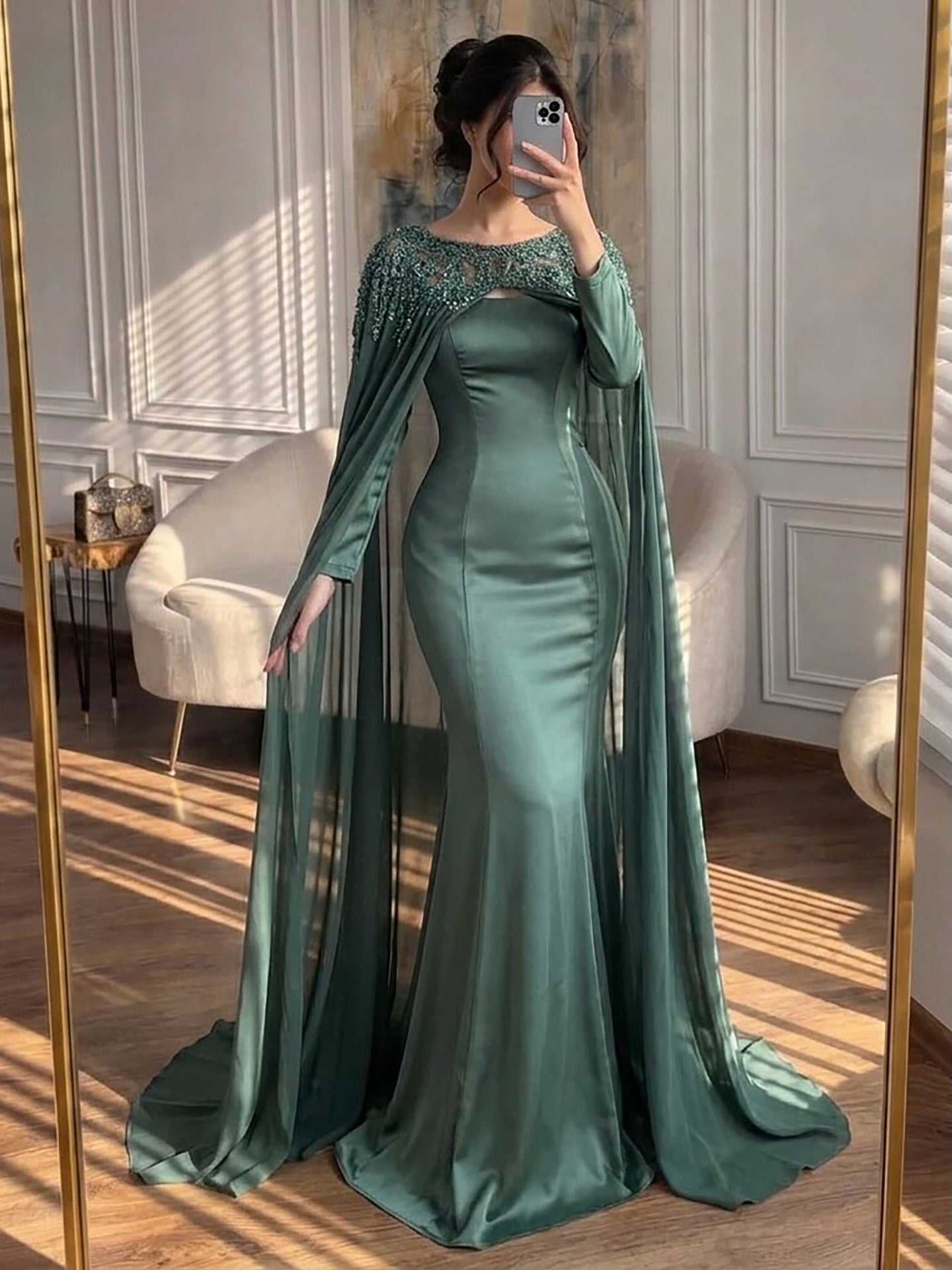Luxury Green Beaded Cape Long Sleeve Satin Mermaid Dress LA73683 SERENE HILL