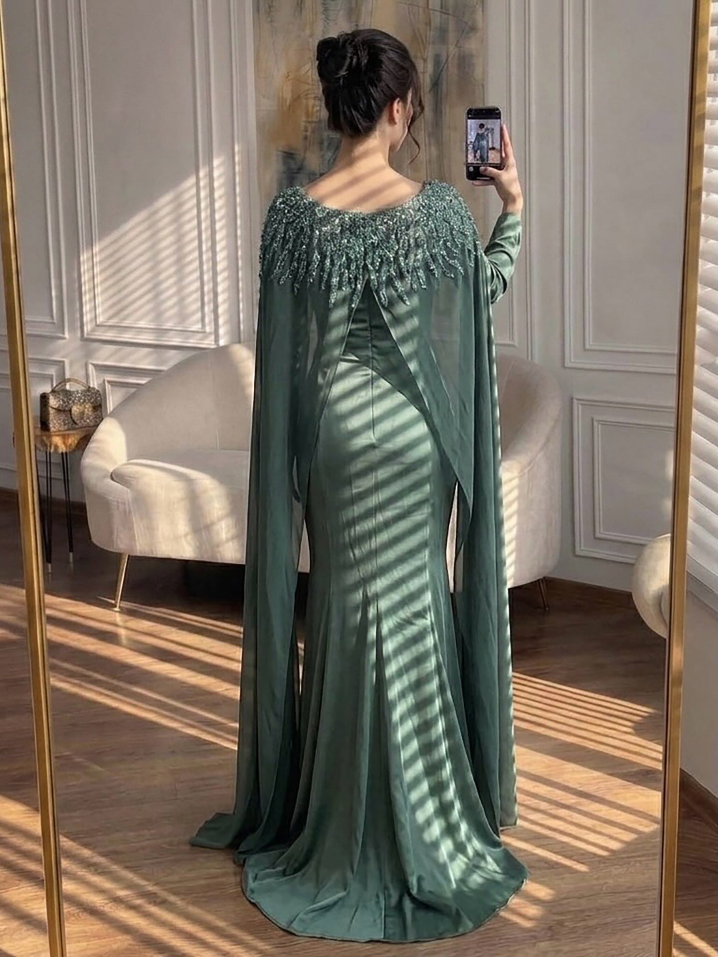 Luxury Green Beaded Cape Long Sleeve Satin Mermaid Dress LA73683 SERENE HILL