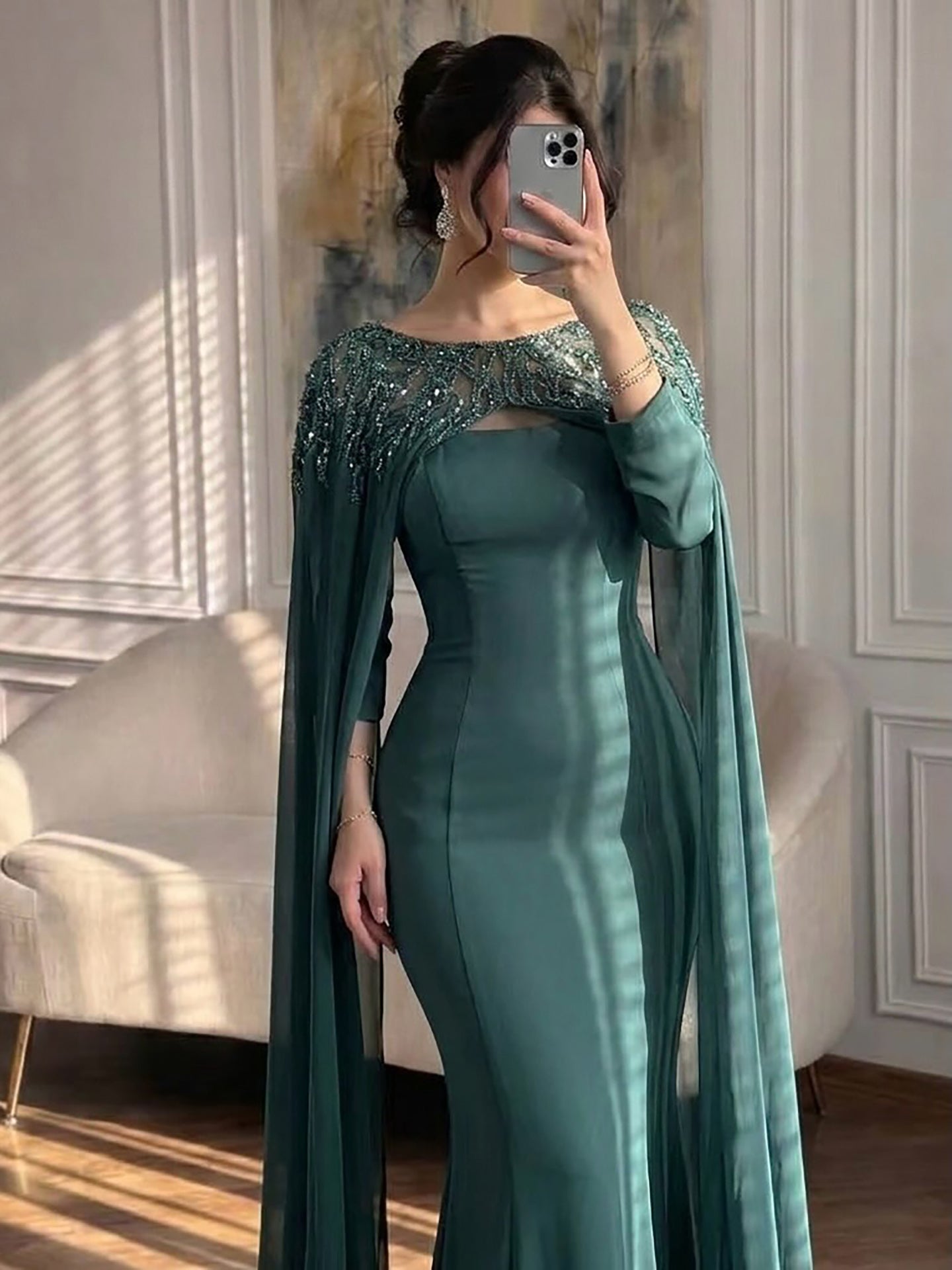 Luxury Green Beaded Cape Long Sleeve Satin Mermaid Dress LA73683 SERENE HILL