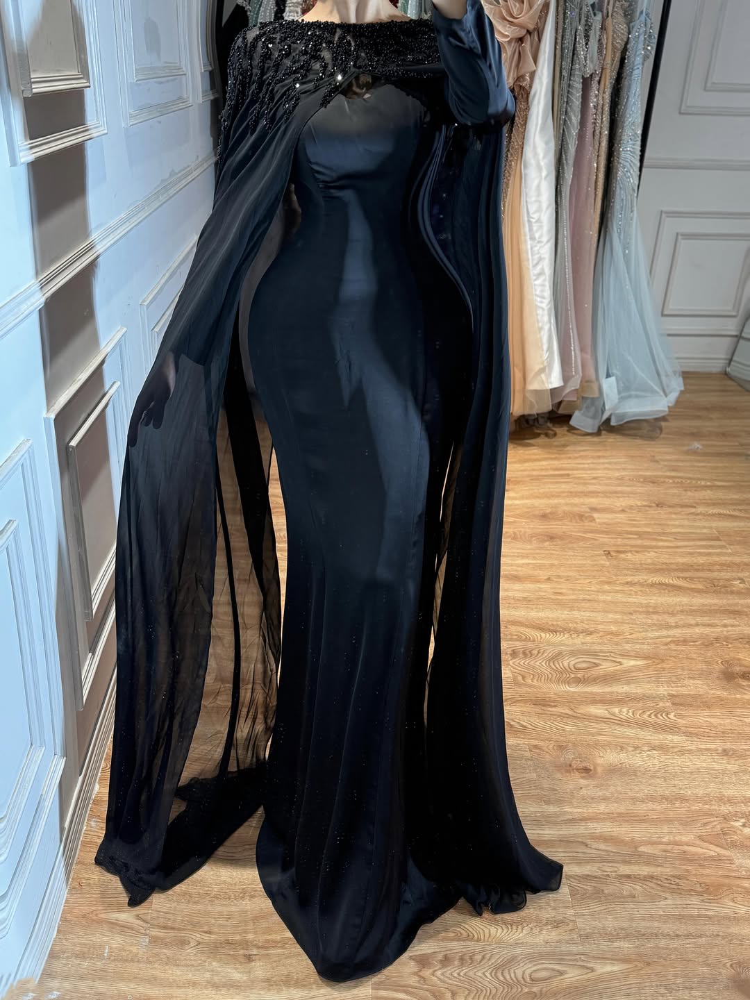 Luxury Green Beaded Cape Long Sleeve Satin Mermaid Dress LA73683 SERENE HILL