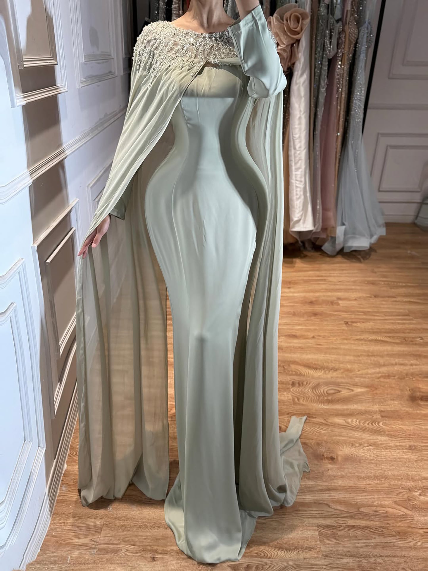 Luxury Green Beaded Cape Long Sleeve Satin Mermaid Dress LA73683 SERENE HILL
