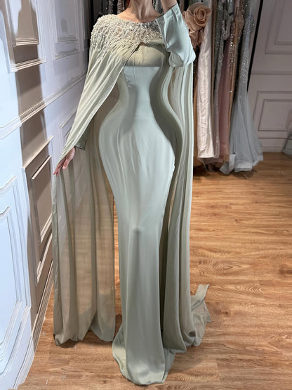 Luxury Green Beaded Cape Long Sleeve Satin Mermaid Dress LA73683 SERENE HILL