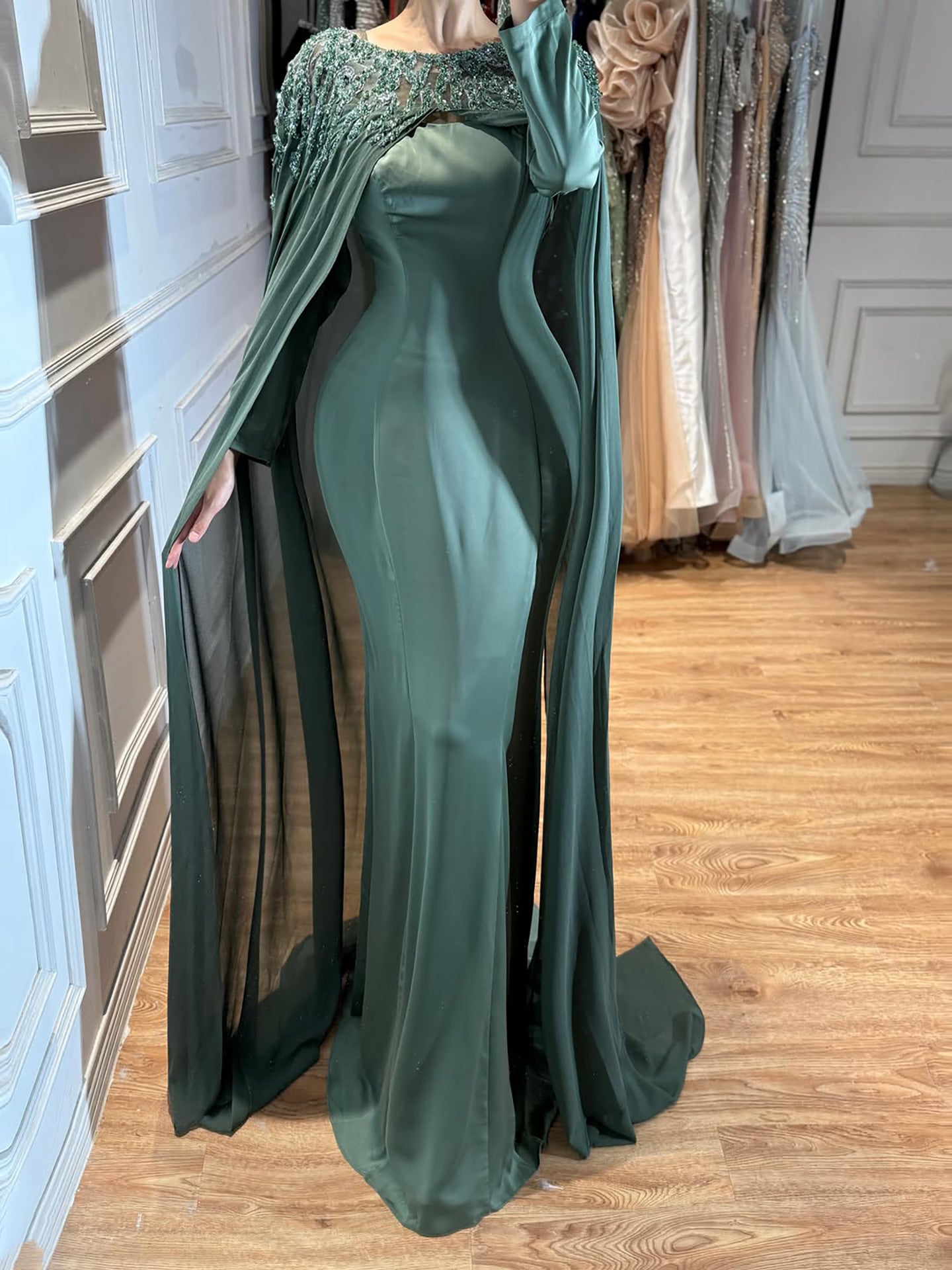 Luxury Green Beaded Cape Long Sleeve Satin Mermaid Dress LA73683 SERENE HILL
