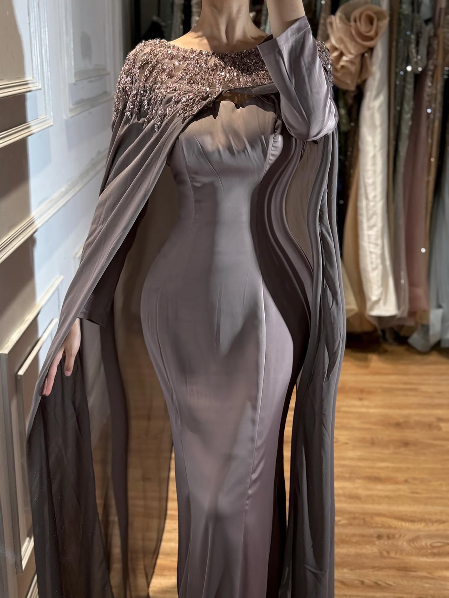 Luxury Green Beaded Cape Long Sleeve Satin Mermaid Dress LA73683 SERENE HILL