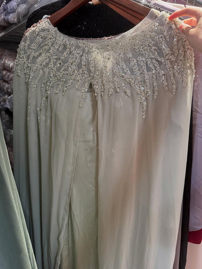 Luxury Green Beaded Cape Long Sleeve Satin Mermaid Dress LA73683 SERENE HILL